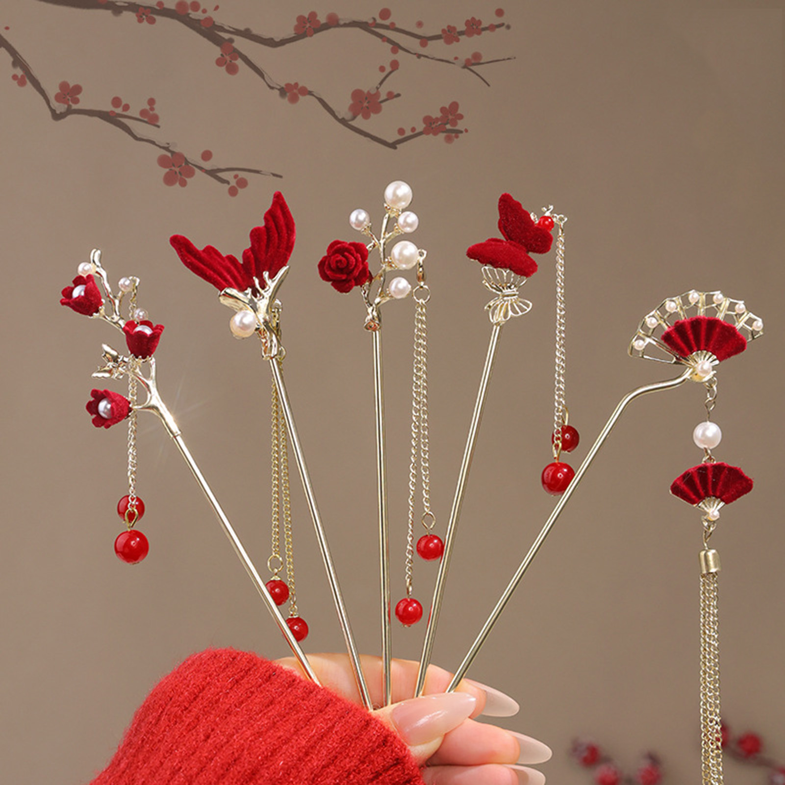Women'S Red Accessories - Chinese Style Rose Flower Hair Stick
