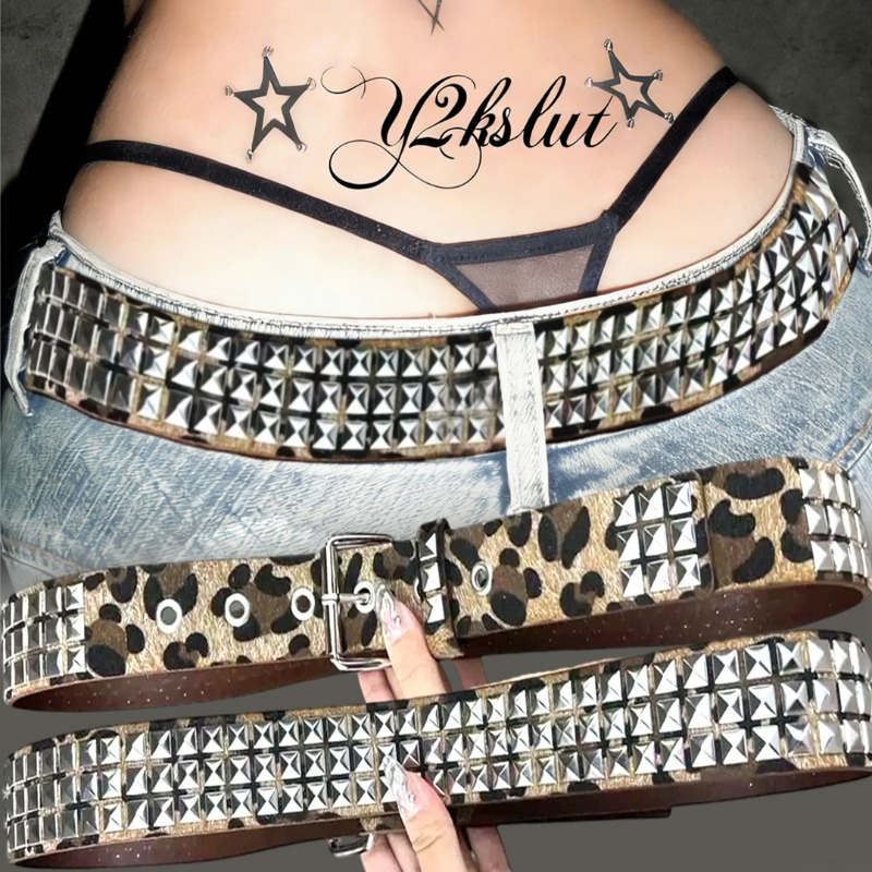 Women'S Jeans Accessories Chain - Y2K Leopard Rivet Belt Square Bead