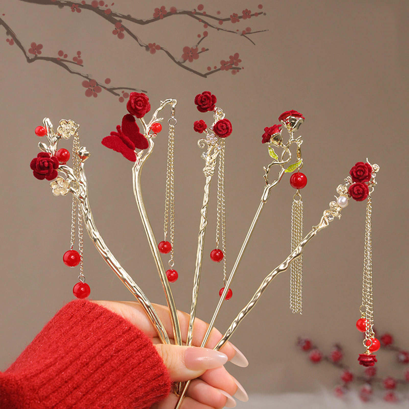 Chinese Style Rose Flower Hair - Women'S Red Accessories 评论和价格
